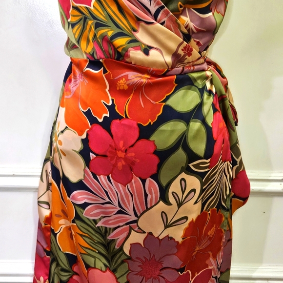 NATIVE CHIC Hot Pink/Green Multi-Color Tropical Satin Wrap Midi Dress, Large - Picture 11 of 16